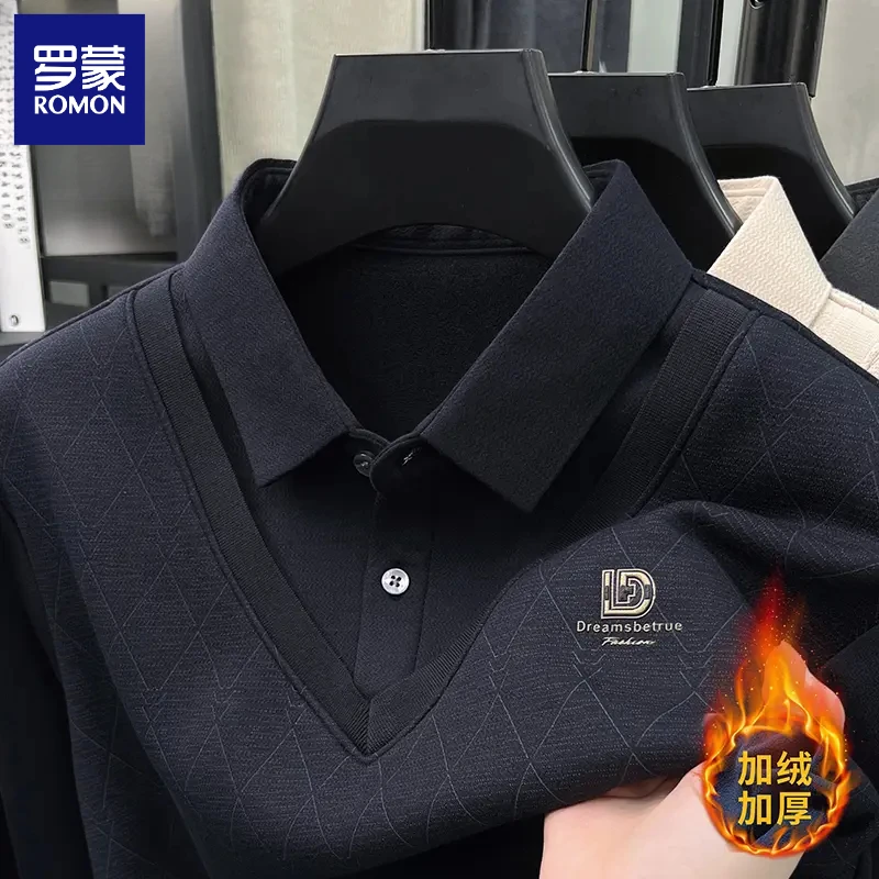 罗蒙冬季加绒加厚男士衬衫领假两件中老年保暖抗寒宽松打底衫毛衣