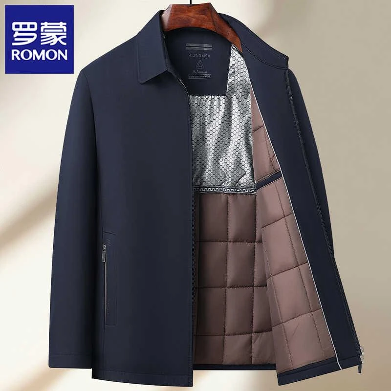 罗蒙秋冬季翻领外套中年行政夹克男防风商务休闲高端干部加厚棉服