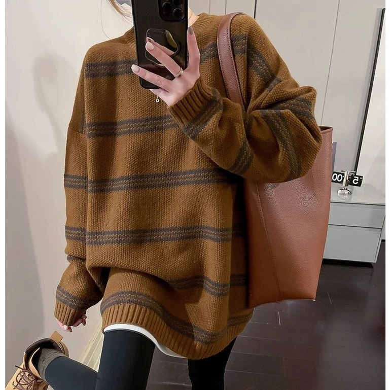 咖色条纹毛衣女2025年秋冬新款慵懒风宽松上衣中长款遮屁股针织衫