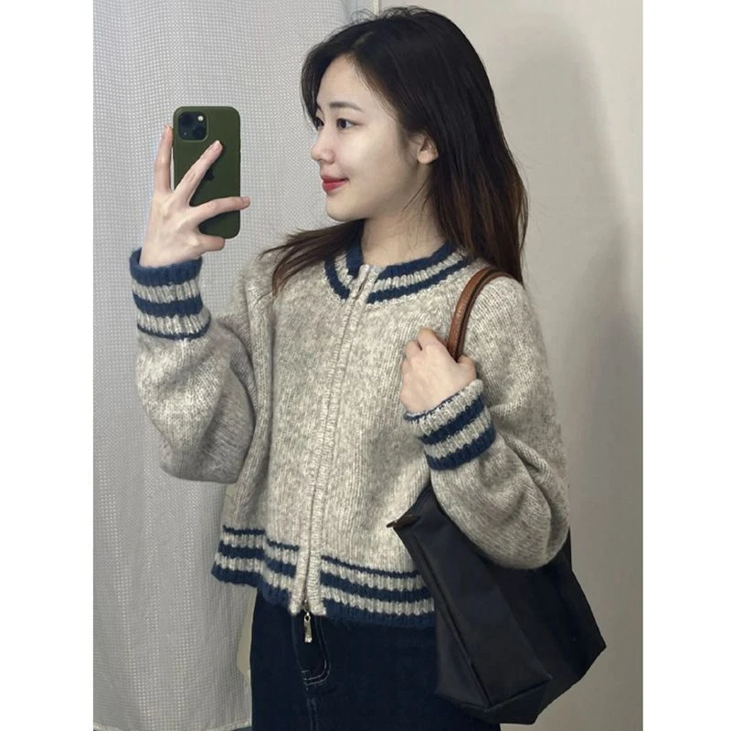 2025秋冬新款拉链开衫短款圆领宽松上衣条纹洋气针织开衫外套女