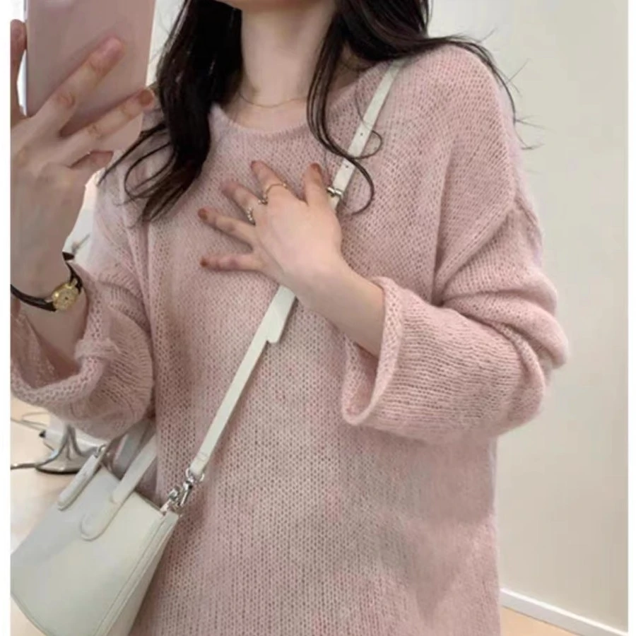 温柔风粉色圆领宽松针织衫女春秋2025新款慵懒感套头长袖防晒上衣