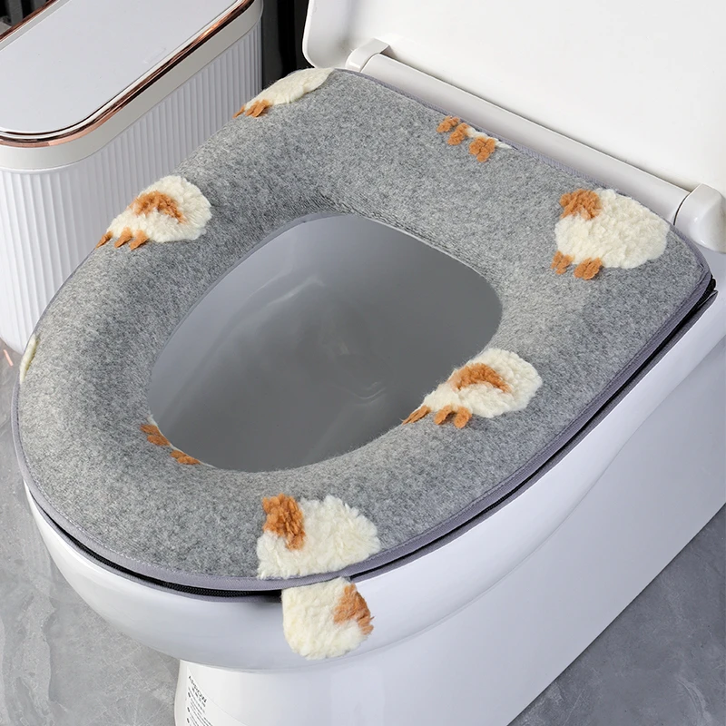 毛呢立体小绵羊马桶垫软萌可爱秋冬保暖家用加大加厚拉链款坐便套