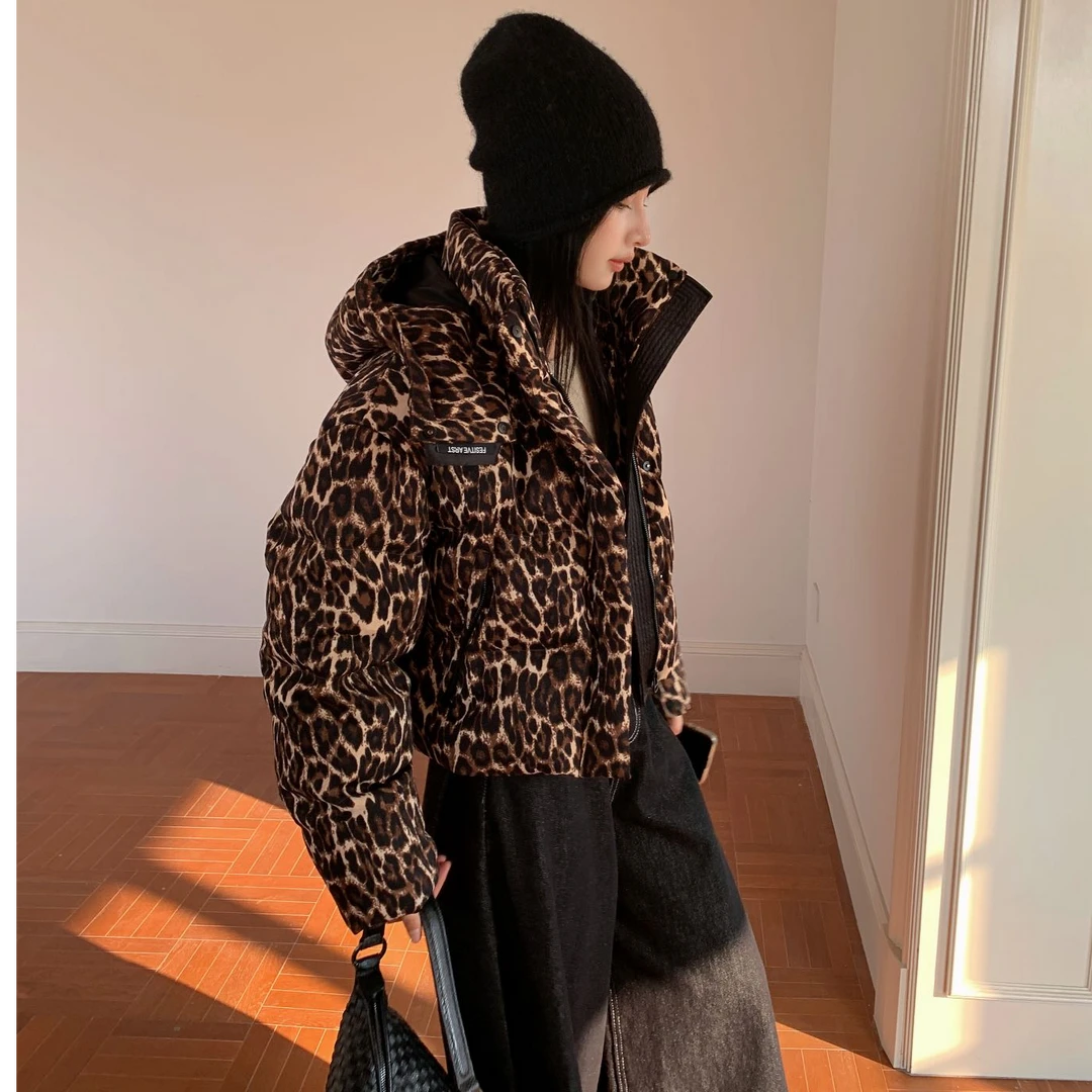 短款连帽豹纹羽绒服高级气质感女装25927