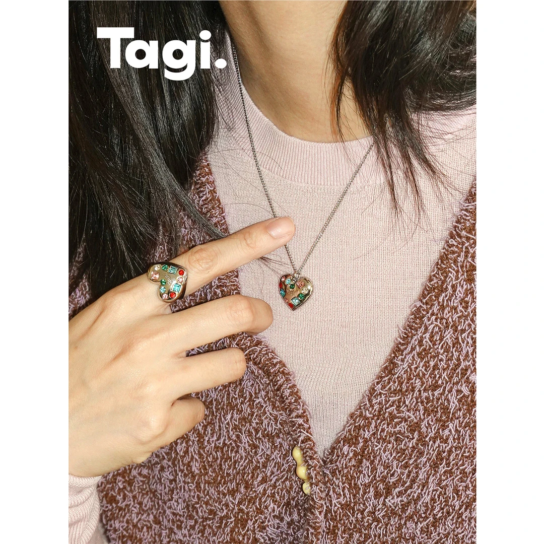 铜项链 Tagi.想象爱心怦怦挂坠小众项链时尚复古彩色镶嵌吊坠