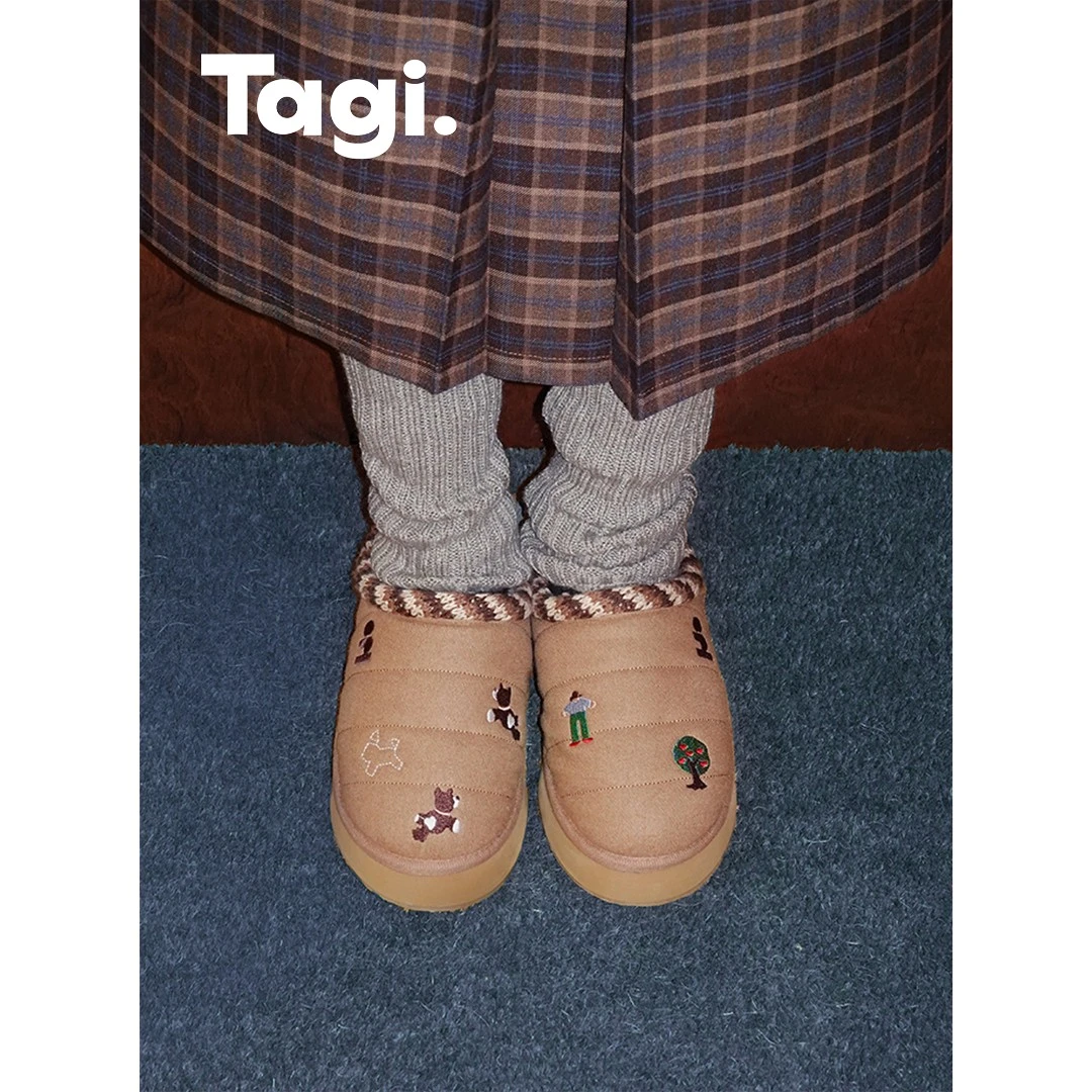 Tagi.《i》小狗礼物刺绣面包鞋保暖棉鞋外出一脚蹬拖鞋休闲低帮