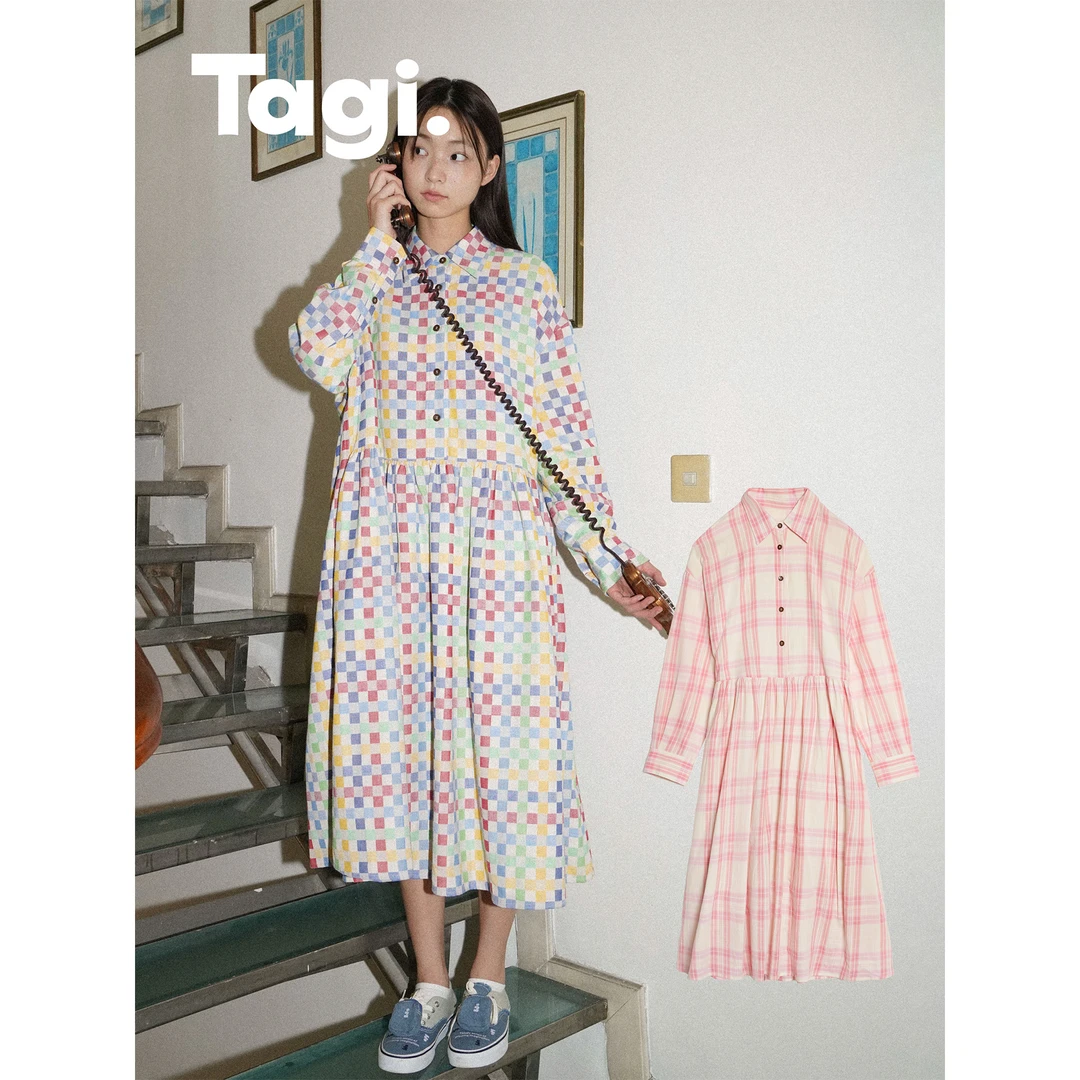 Tagi.《i》格纹想象可爱扣子长袖衬衫裙翻领宽松连衣裙时尚长袖长裙