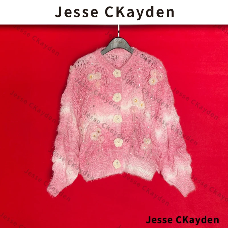 编号48 樱花之恋 慵懒风条纹镂空针织衫开衫宽松百搭上衣DP2340