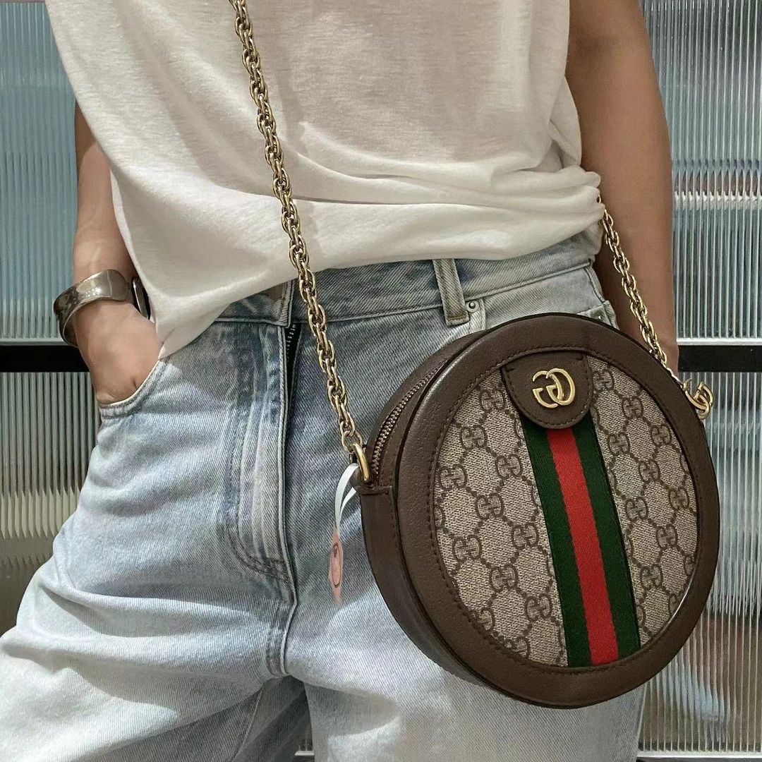 95新 GUCCI/古驰 CY0749 老花圆饼单肩包
