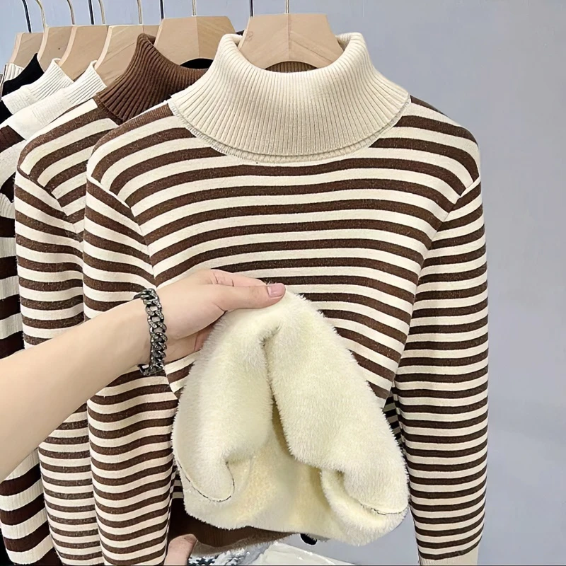 高领毛衣女新款翻领一体绒冬季加绒加厚条纹洋气保暖针织打底衫女