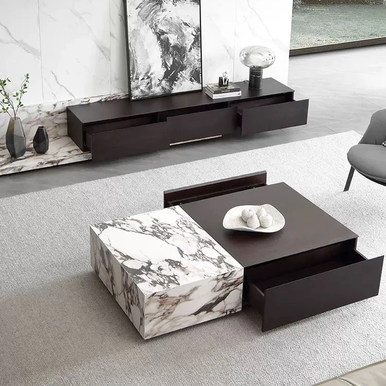意式轻奢方形岩板茶几拼色组合客厅家用大理石设计师款电视柜组合
