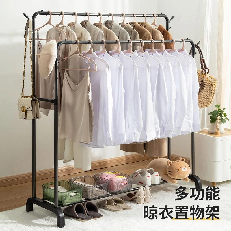 简易晾衣架落地衣帽架单双杆室内晾衣杆挂衣架阳台晒衣服架子家用