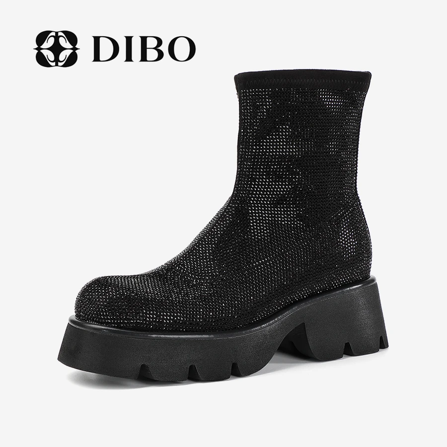 张千万xDIBO 碲铂 时尚新款圆头水钻厚底粗跟百搭时装靴 23434133