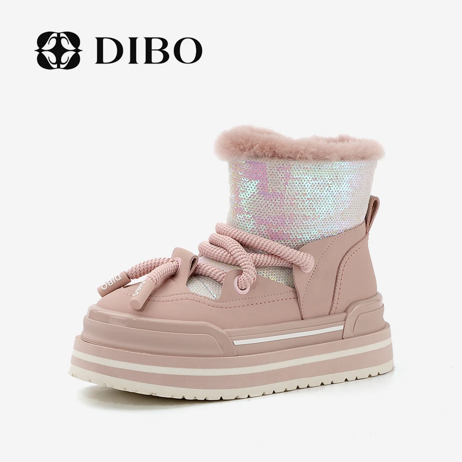 DIBO碲铂 粉色厚底可爱粗系带亮片雪地靴冬季加厚244G3510