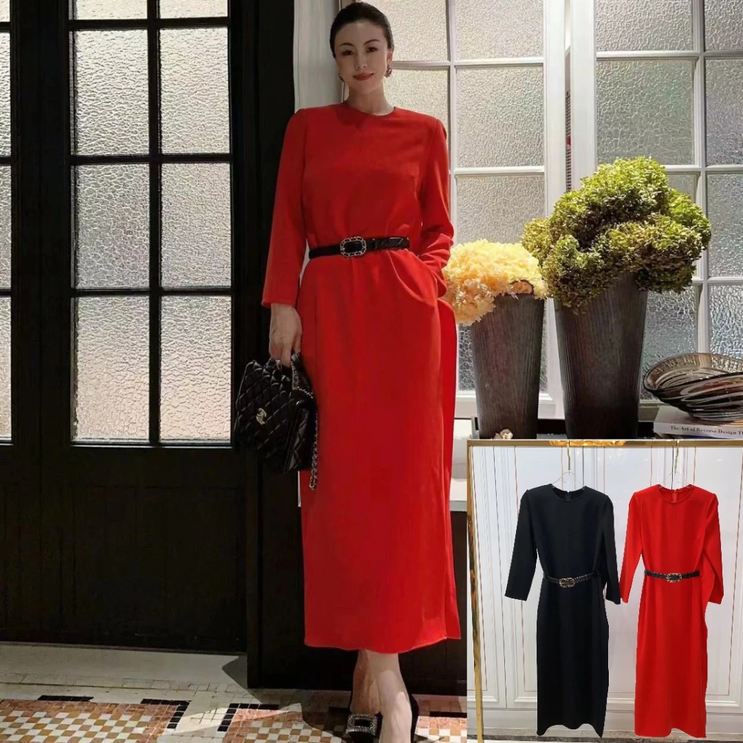 3464 高级感时尚圆领侧边荷叶边腰带收腰长袖连衣裙