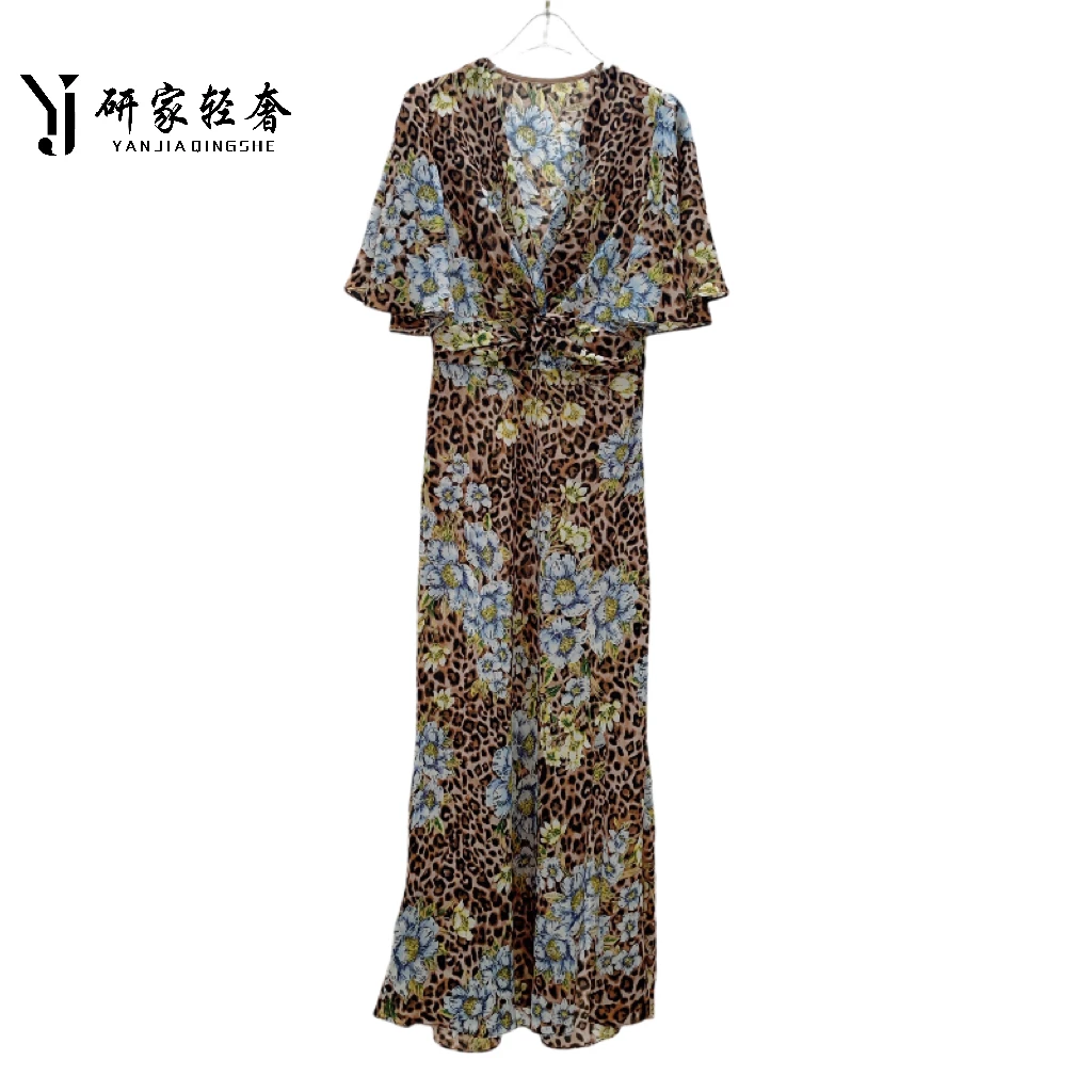 5188研家轻奢法式v领褶皱碎花豹纹连衣裙