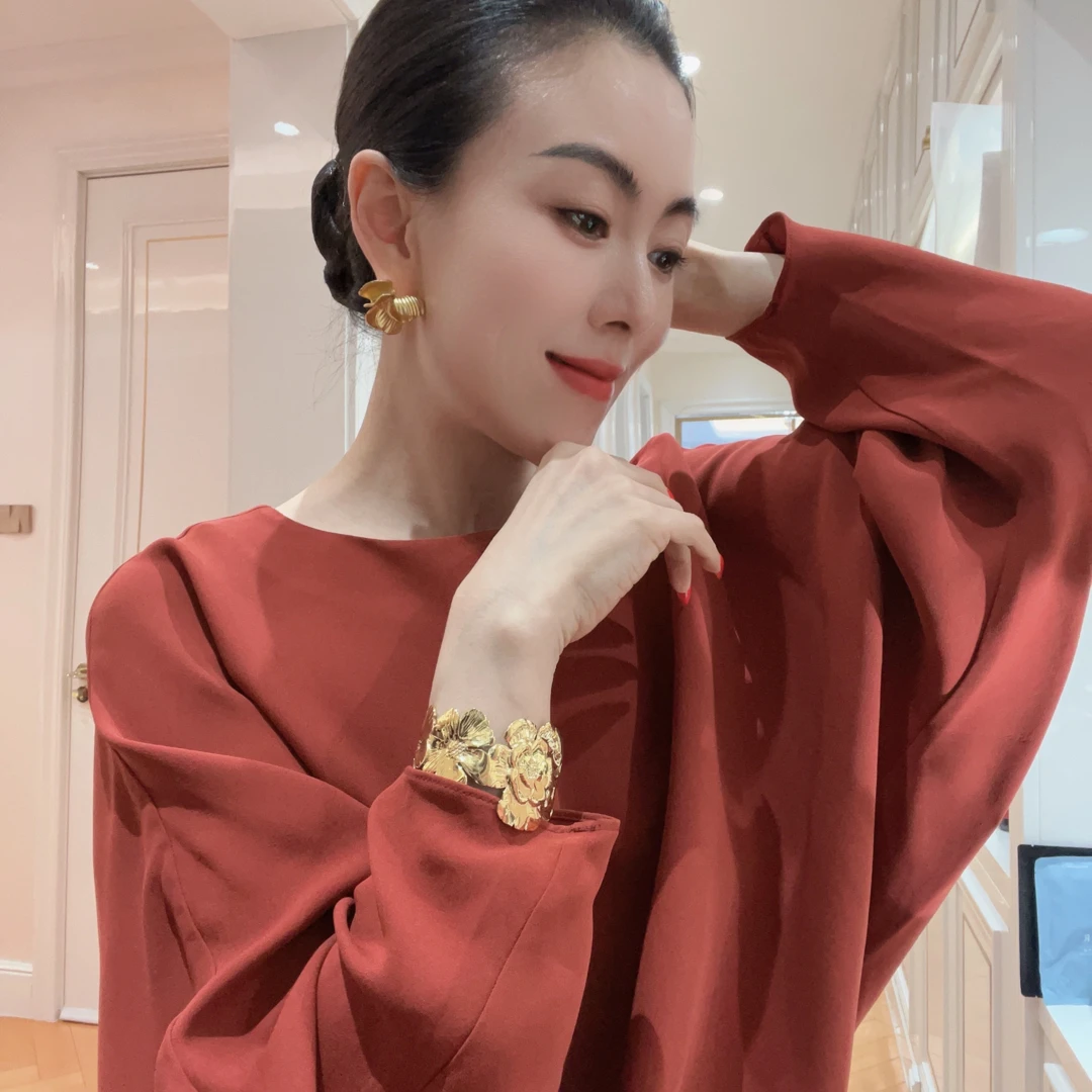 合金耳饰 5247 研家轻奢金属质感花朵耳钉耳环