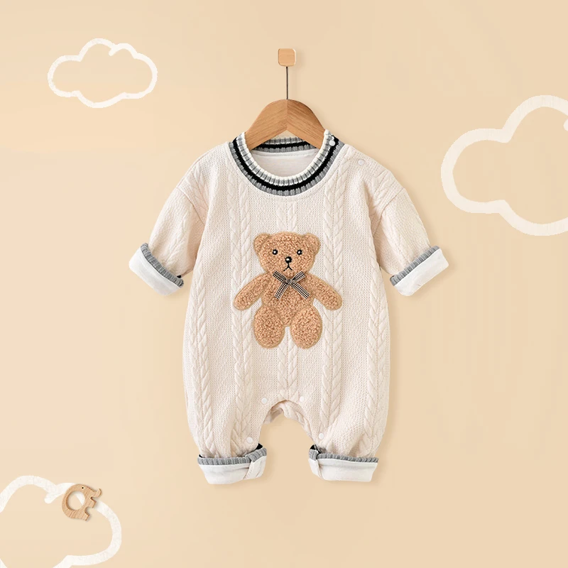 婴儿连体衣春秋季外出服新生儿衣服春装双层宝宝长袖哈衣加厚保暖