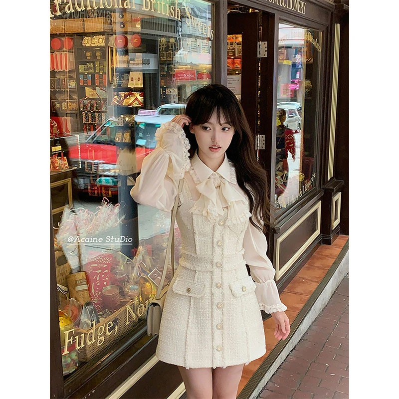 Acaine琳琅香颂/杏色小香风收腰连衣裙衬衫两件套女春千金风套装