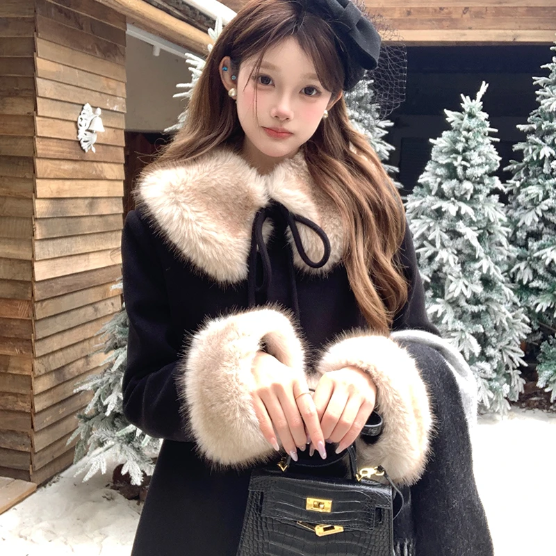 Acaine黑色气质保暖韩版冬季毛呢连衣裙