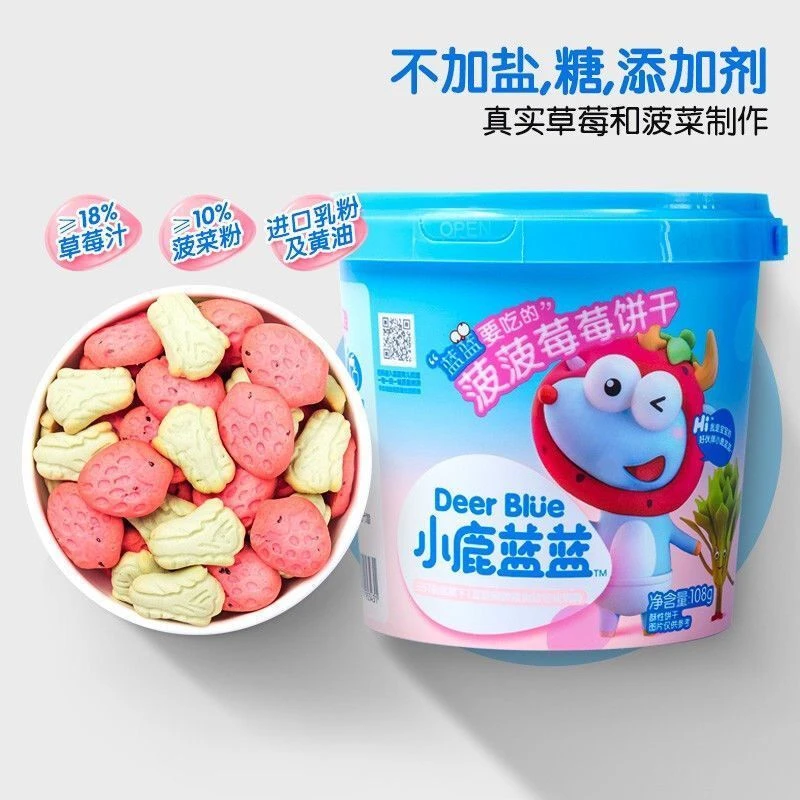 小鹿/蓝蓝菠菠草莓饼干108g宝宝儿童零食蔬菜水果味饼干无添加盐
