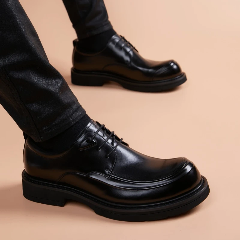 秋季高端商务皮鞋男士休闲潮流系带黑色韩版圆头百搭结婚新郎男鞋