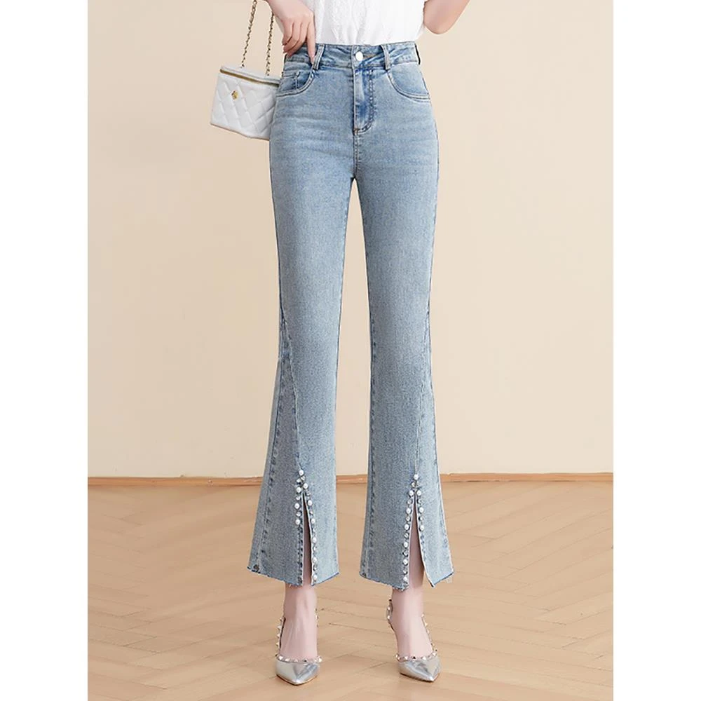 九分微喇牛仔裤女2025新款薄款高腰弹力修身显瘦开叉镶珍珠喇叭裤