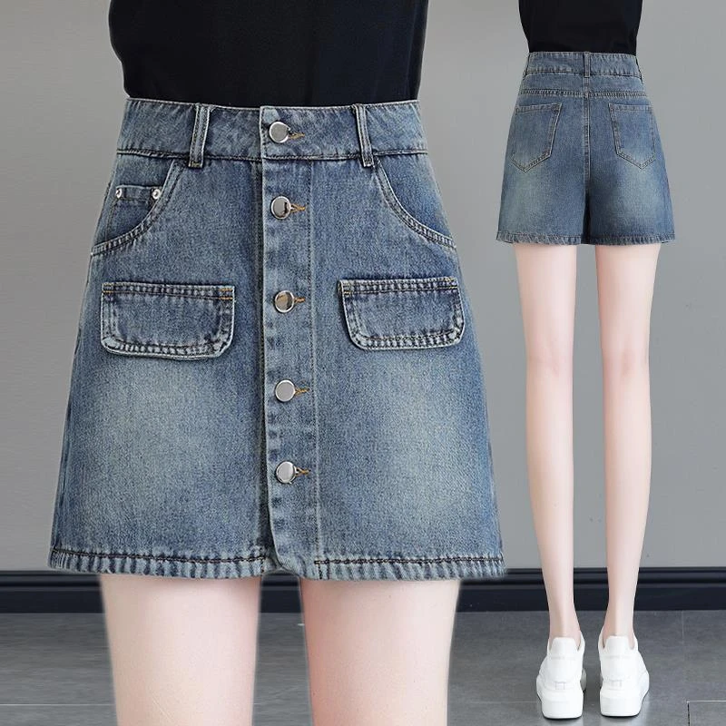 单排扣牛仔半身裙裤女2025夏季新款外穿宽松小个子女裤夏季薄款