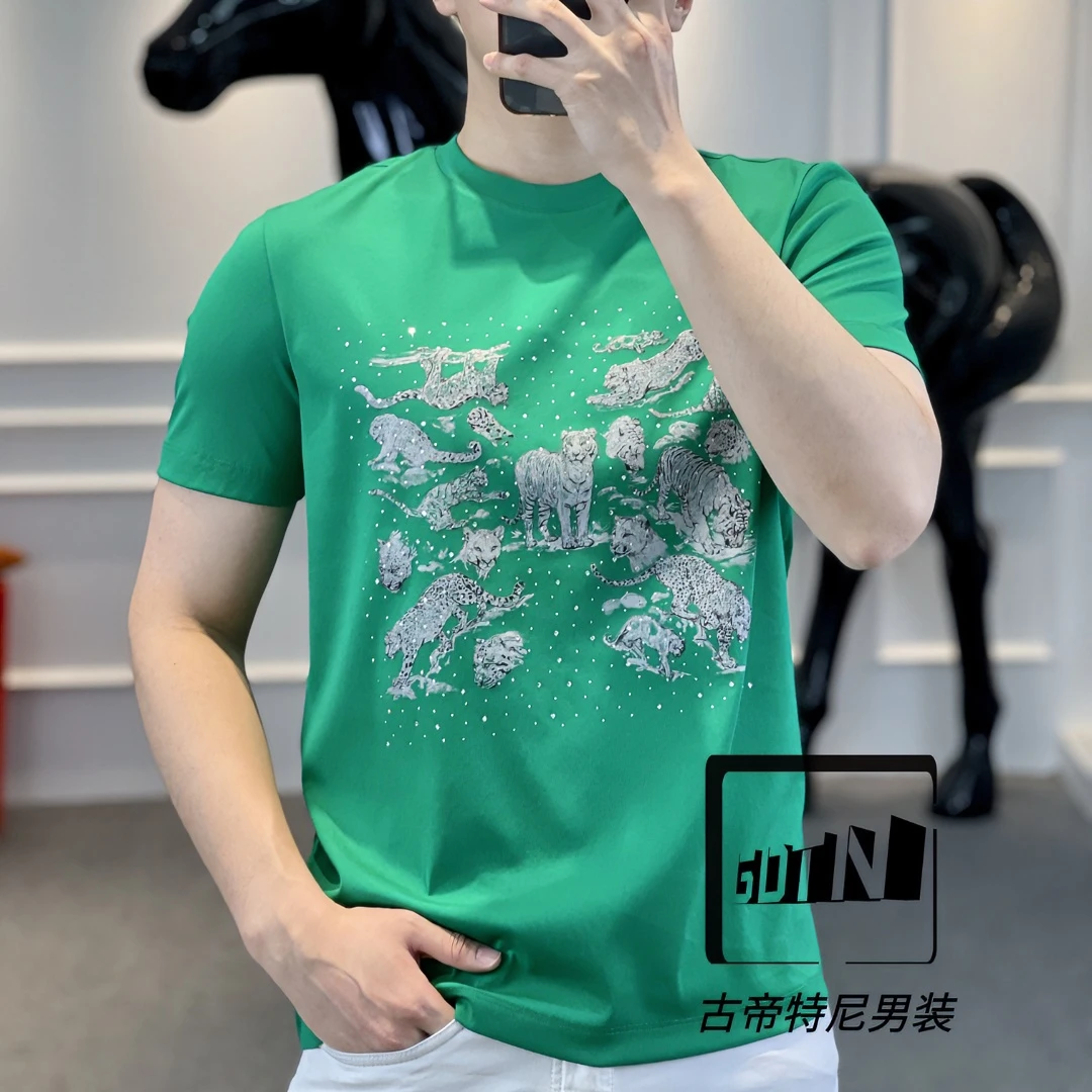 2023春夏新款男士潮流高定欧货时尚百搭修身烫钻圆领短袖Z+5088