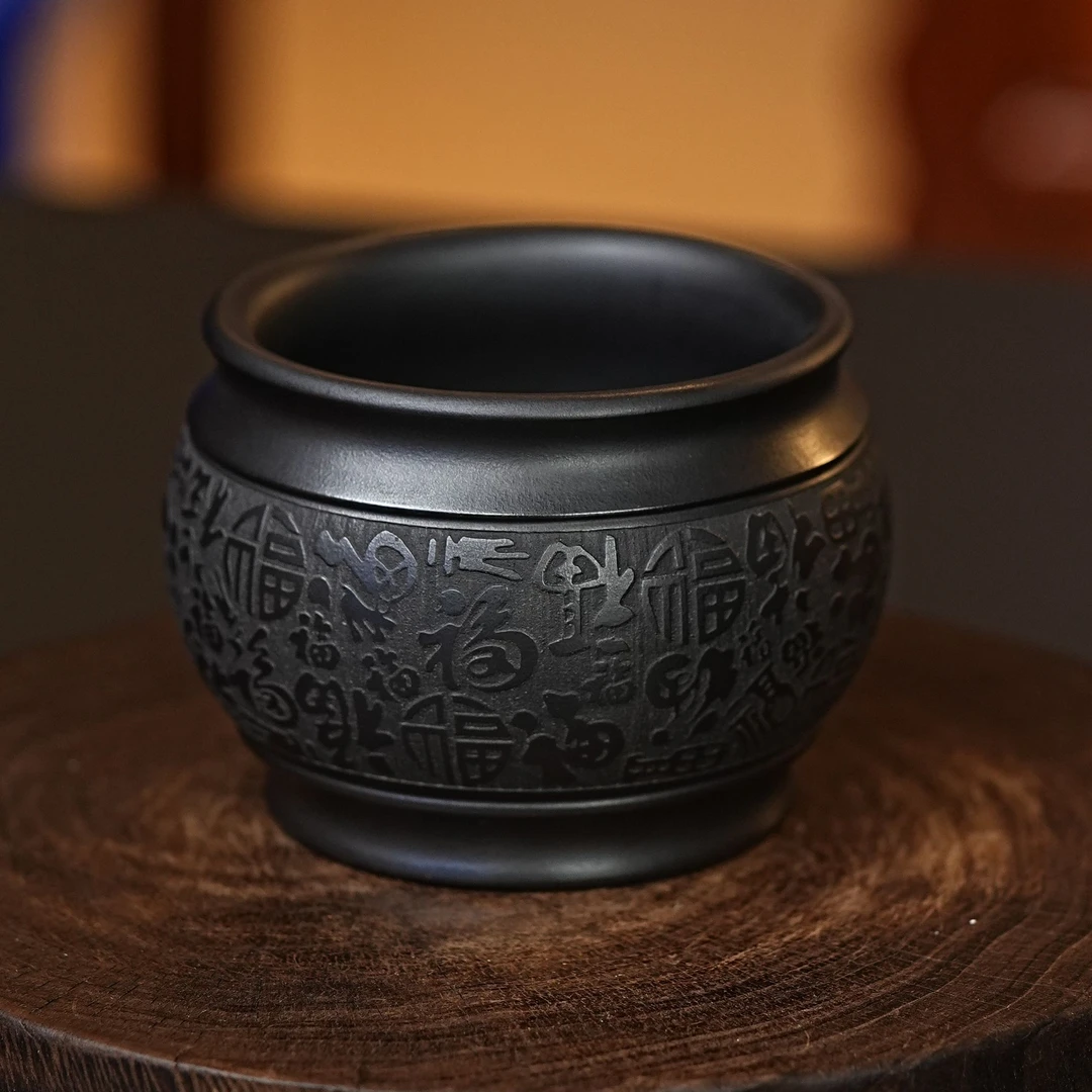 宜兴原矿石黄手工刻绘百福内刻福字紫砂主人杯 NX