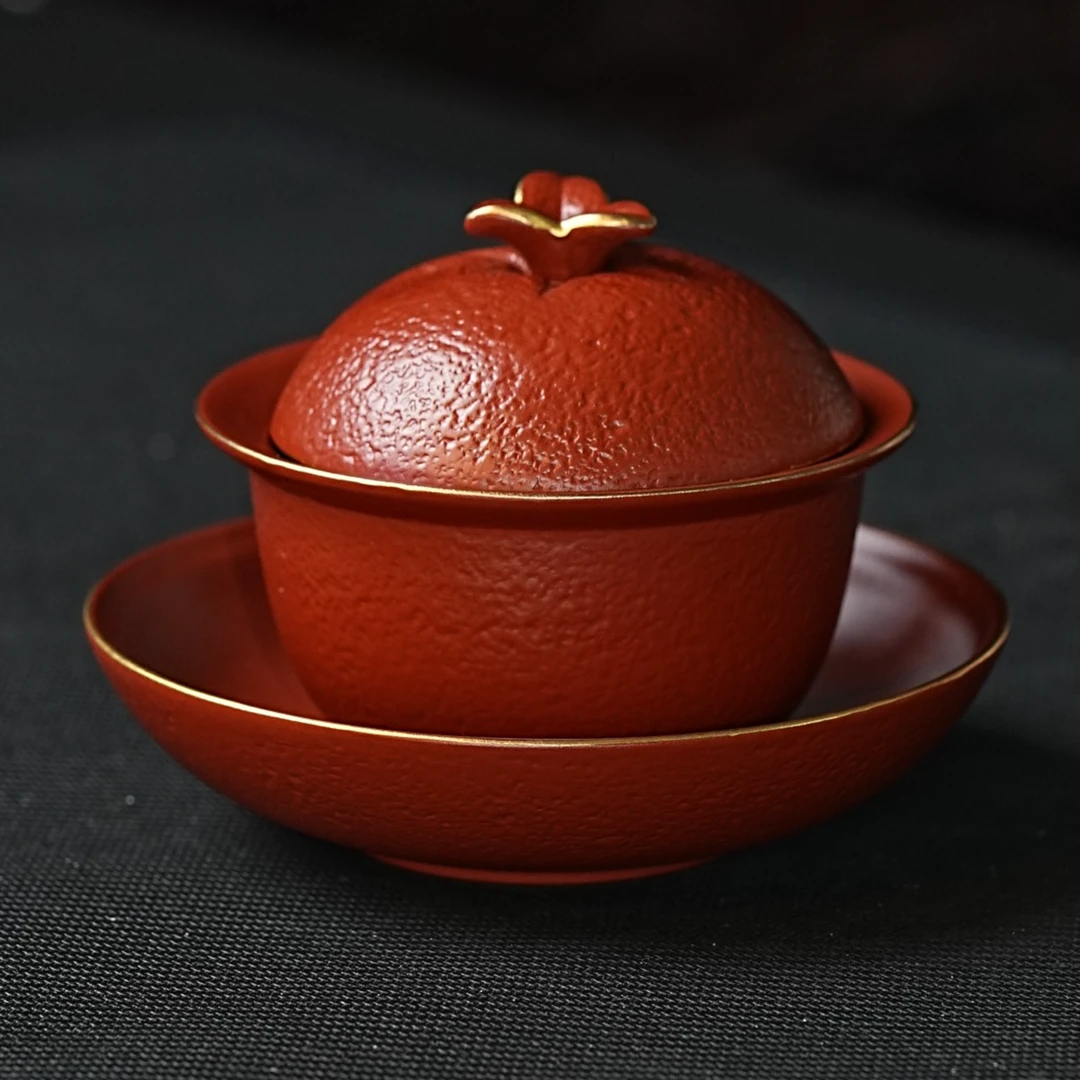 宜兴原矿正宗大红袍高档纯手工橘子精致紫砂三才盖碗（送礼装65333
