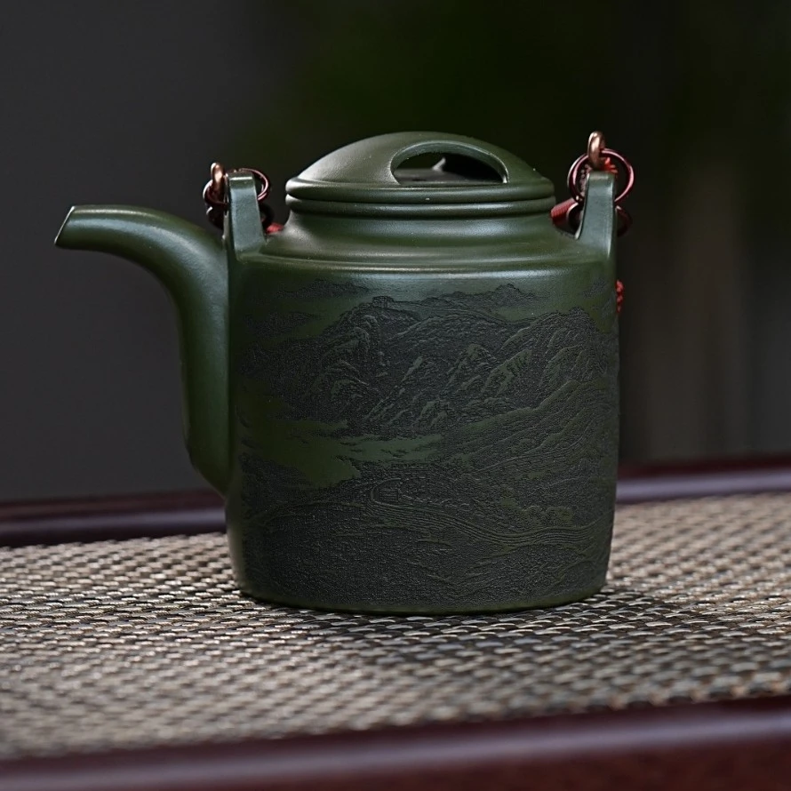 宜兴茶具 绿泥手工微刻观山山水提梁洋桶紫砂壶