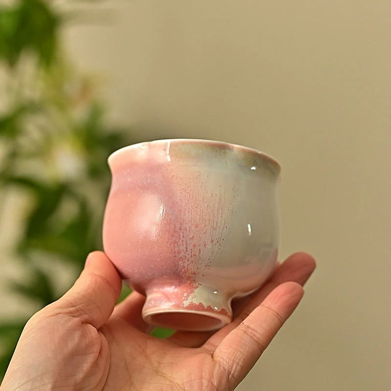 景德镇全手工拉坯高温志野烧粉色陶瓷主人杯女士个人花口功夫茶杯