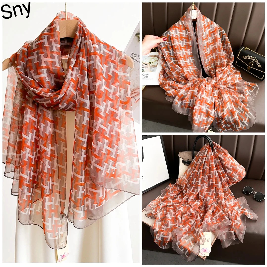 云锦纱130*180左右2024薄款高定丝巾防晒夏季优雅沙滩巾-字母H