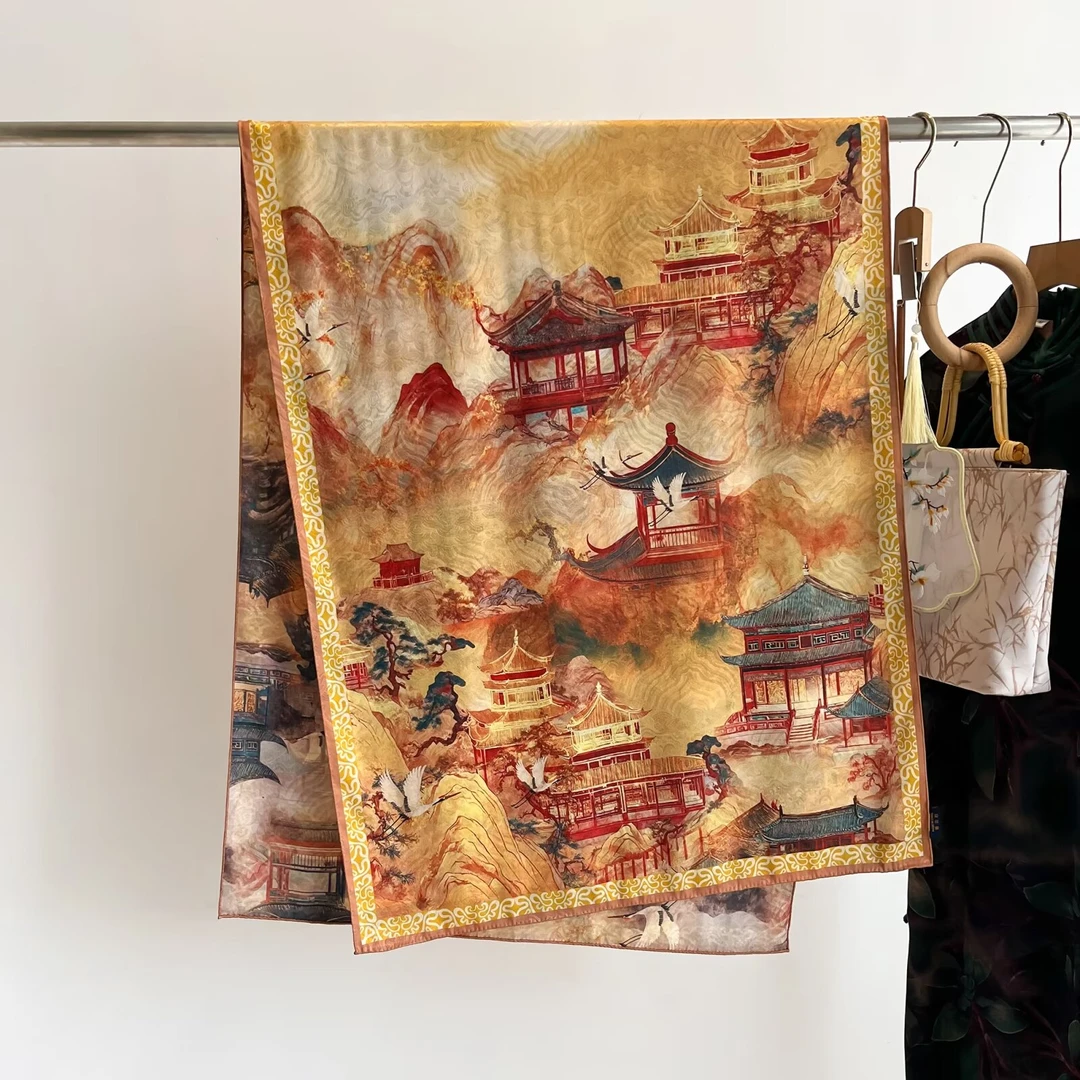 [金色云宫]70*180香云花萝薄款围巾国风提花高端百搭双面双色披肩