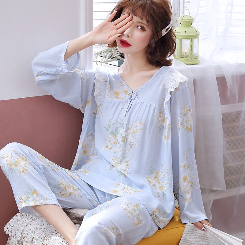 棉绸睡衣女春秋季长袖绵绸套装夏款大码宽松家居服薄款2024年新款