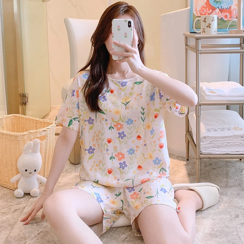 大码棉绸睡衣女夏款短袖短裤绵绸套装新款薄款夏天家居服套头韩版