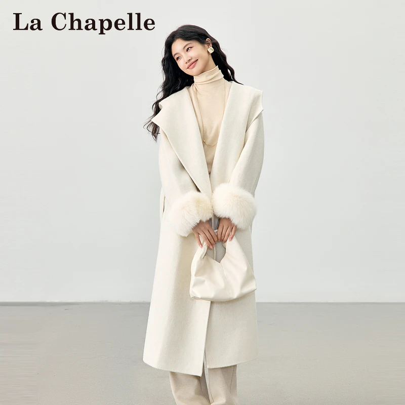 拉夏贝尔新款气质大翻领双面呢大衣秋冬连帽毛呢外套中长款过膝