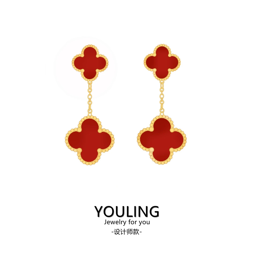 YOULING/柚琳 三色双花四叶耳环长款垂坠耳饰