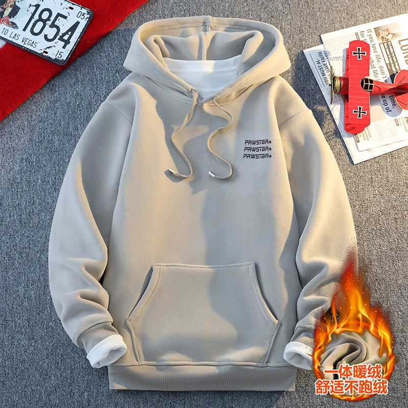 2024秋冬季时尚字母印花连帽加绒卫衣潮男士流保暖外套打底W8063