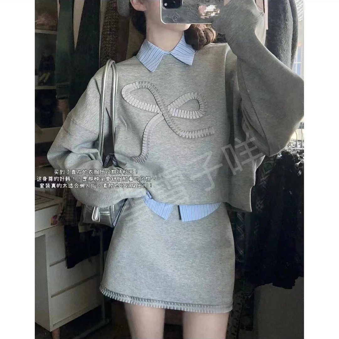 蝴蝶结显瘦卫衣女2024秋季新款半身裙一整套休闲运动套装