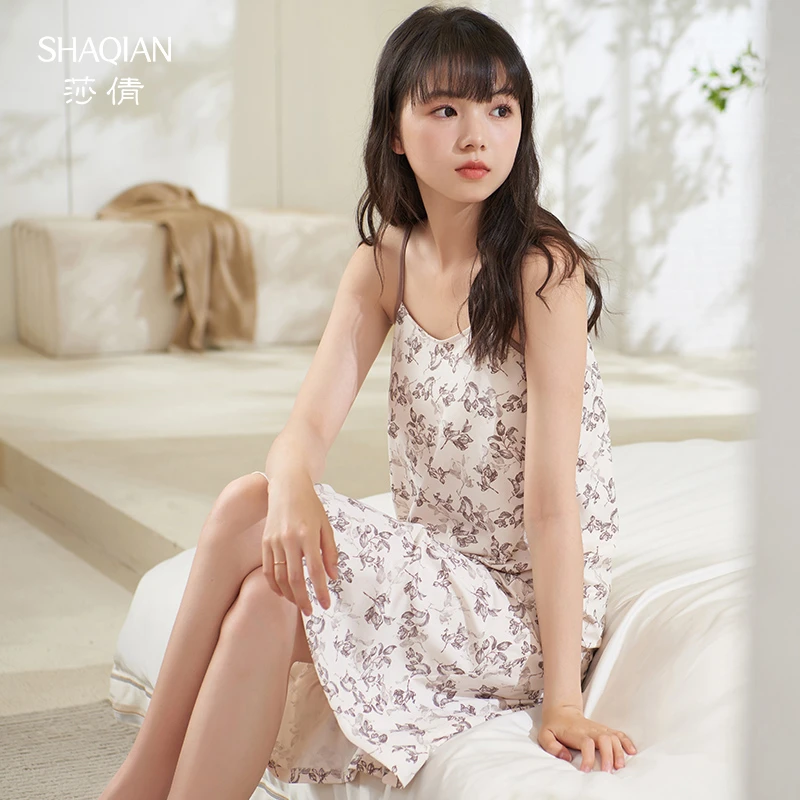 莎倩【凉感型】吊带睡裙女带胸垫夏季2025年新款凉感棉花卉性感睡衣