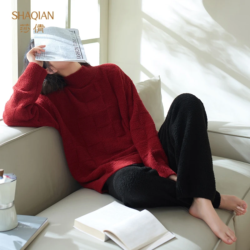 莎倩半边绒睡衣女款冬季加厚珊瑚绒高领家居服女士红色华夫格套装