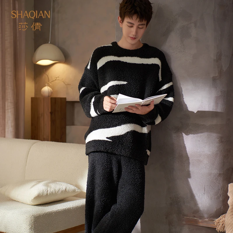 莎倩2025新款睡衣男秋冬季半边绒加厚圆领可外穿珊瑚绒加绒家居服