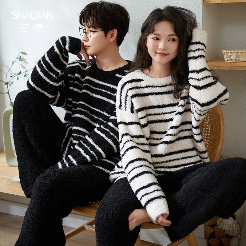 莎倩情侣睡衣冬季半边绒加绒加厚珊瑚绒男女士秋冬条纹保暖家居服