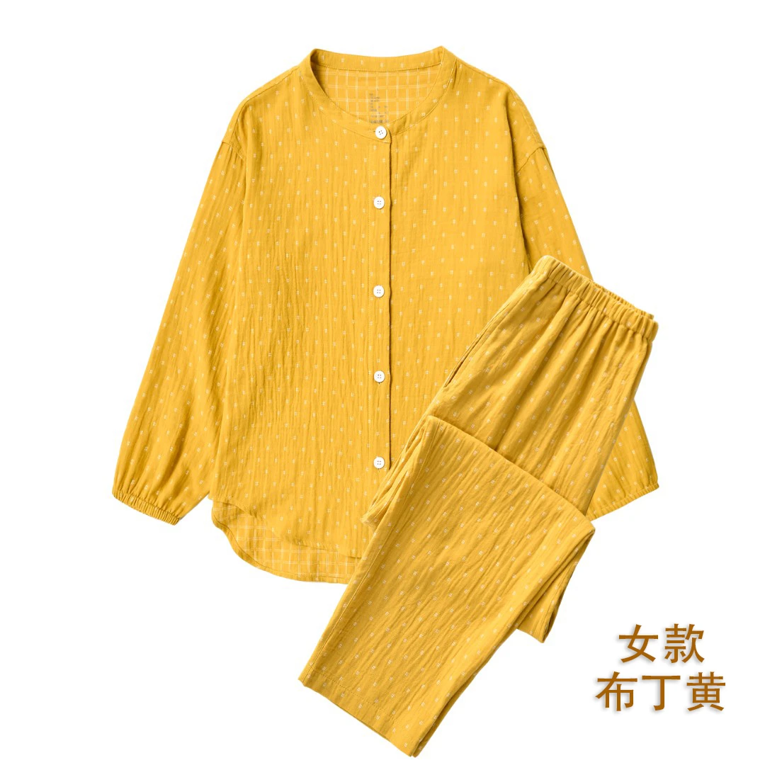 全棉双层纱春秋纯棉布丁格立领男女款百搭睡衣家居服休闲套装SP