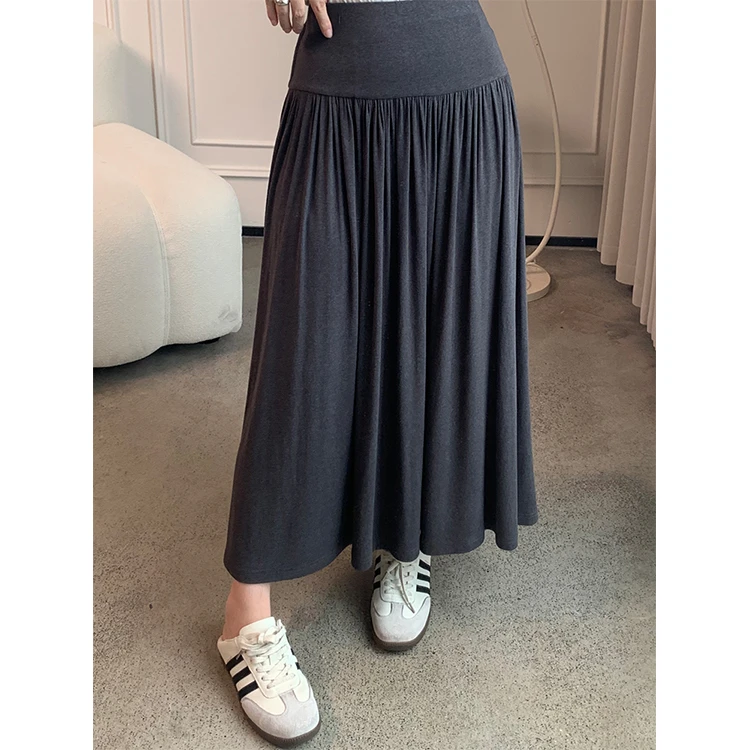 吾悦嘉秋冬新款醋酸简约通勤针织半身裙长款A字深灰色显瘦半身裙