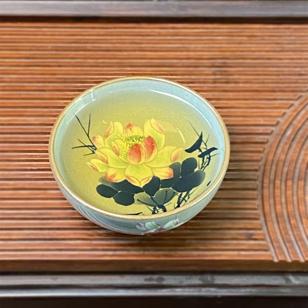 景德镇老陶泥冰裂纹手工手绘青花斗彩荷花主人杯普洱杯纯手工茶杯