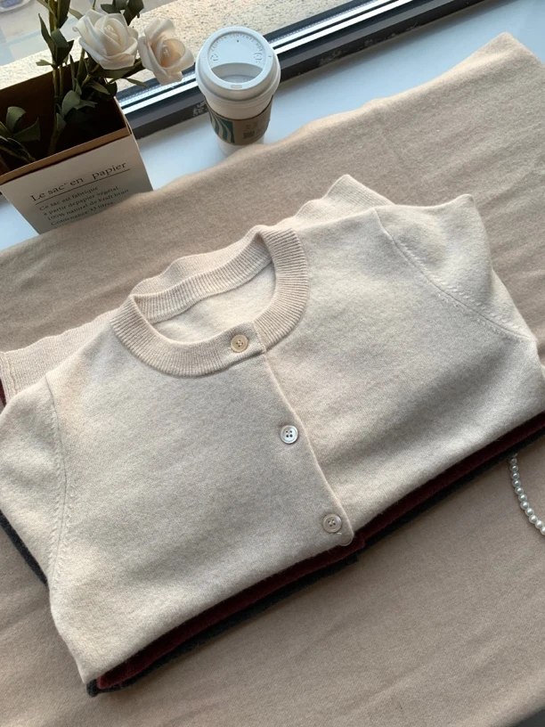 圆领羊绒开衫女100纯山羊绒毛衣秋冬宽松通勤百搭外搭针织衫外套