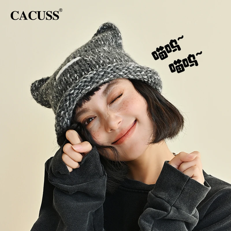 CACUSS帽子女秋冬日系可爱猫耳针织帽大头围百搭护耳保暖毛线帽男