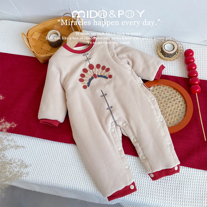 【如意凤冠】冬季婴儿女宝夹棉1件过冬零度棉哈衣中式凤冠长袖年服